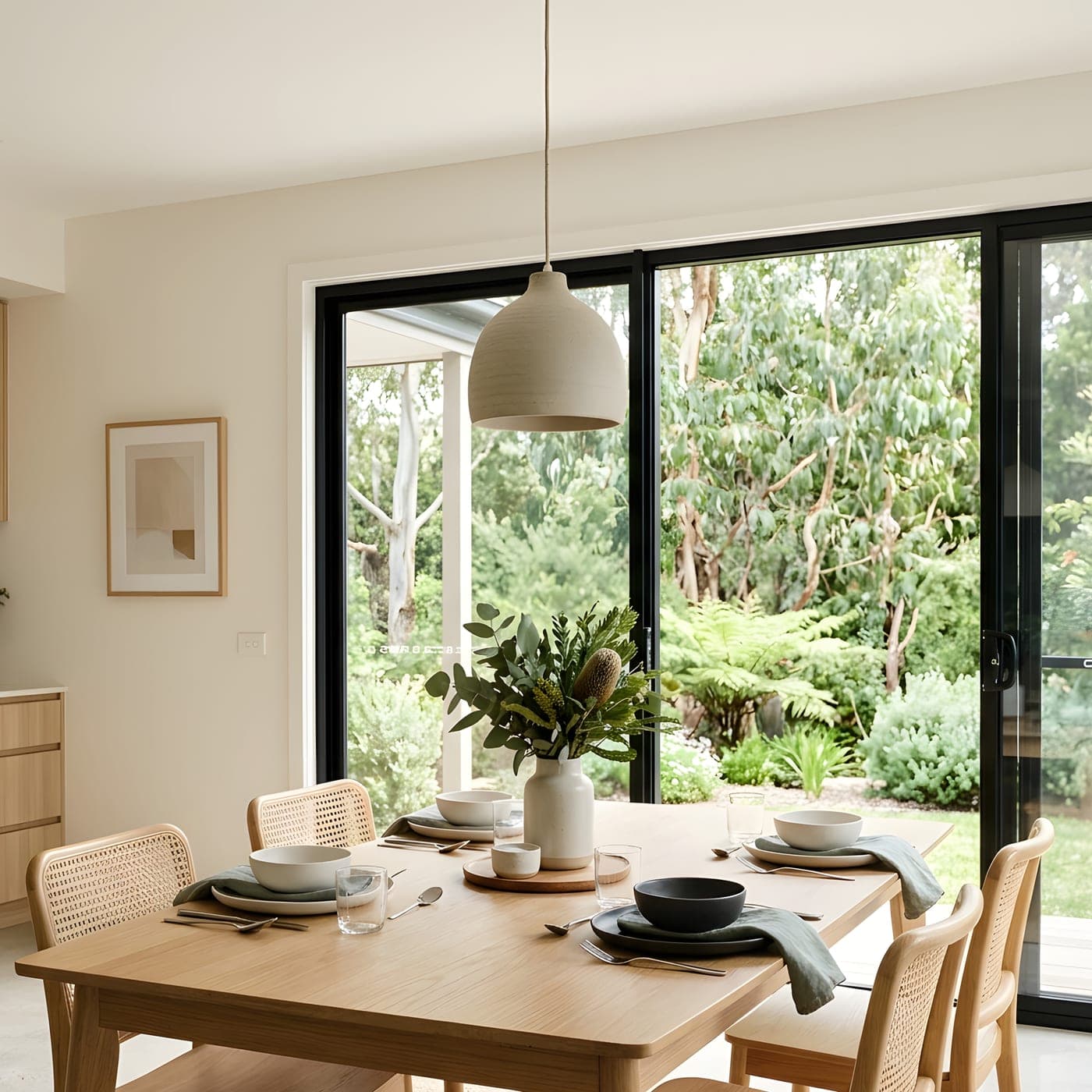 A timber dining table in a bright open-plan space