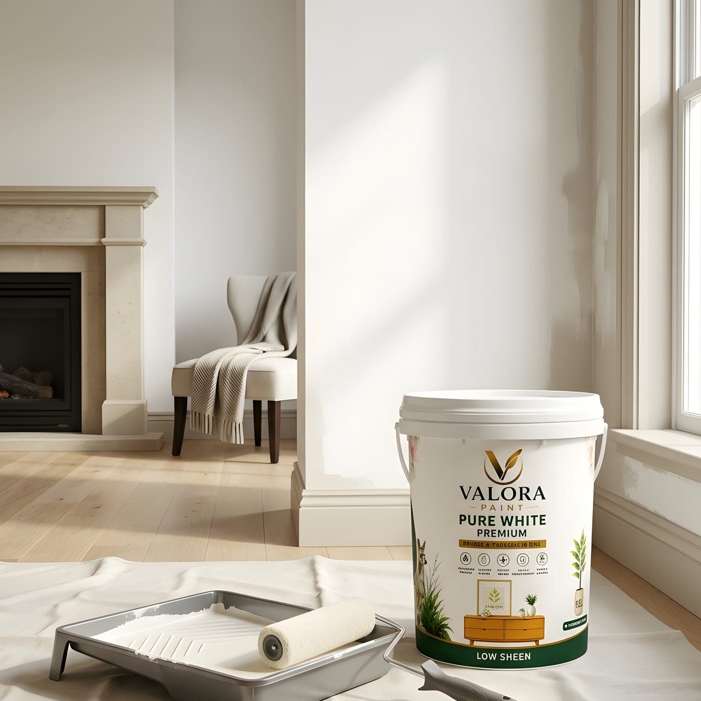 A tidy repaint in progress — roller tray, drop sheet and a pail of VALORA PURE WHITE PREMIUM