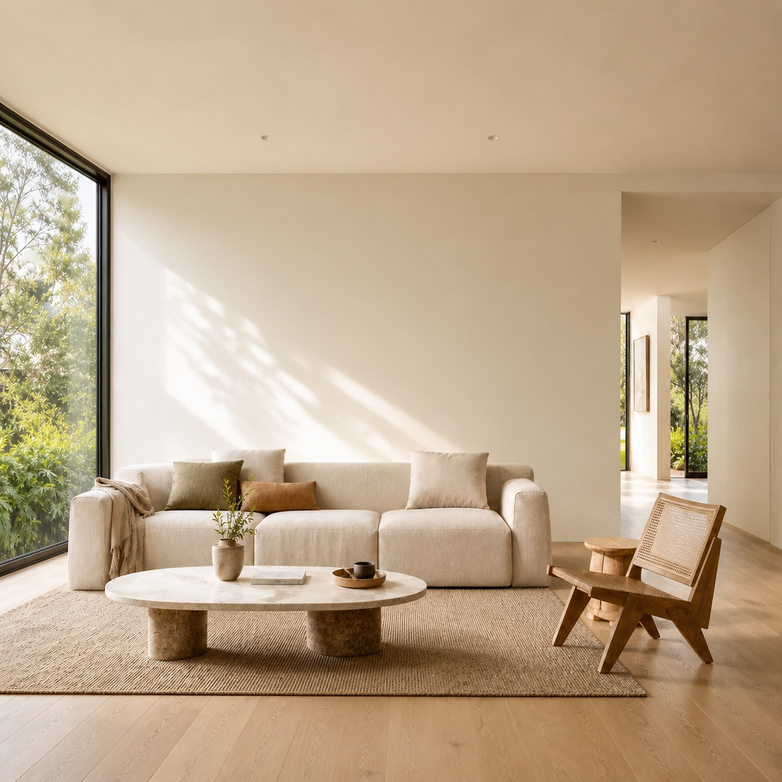 A calm, light-filled living room in warm whites with natural-fibre styling